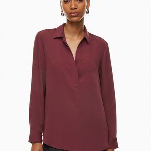 Babaton Professor Blouse Matte Satin Pop-over Polo Blouse - Burgundy - New w/Tag